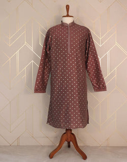 Collection of Brown Floral Mica Print Cotton Silk Kurta Pyjama Set in a gallery layout