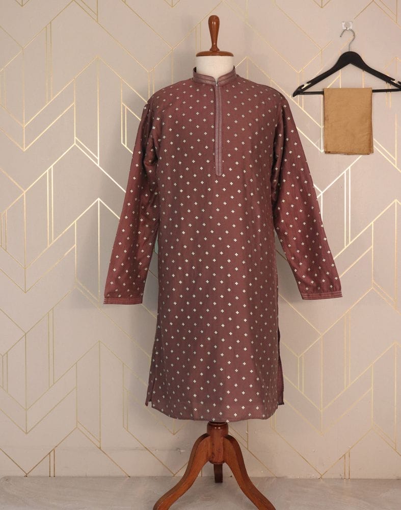 Collection of Brown Floral Mica Print Cotton Silk Kurta Pyjama Set in a gallery layout