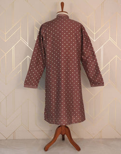 Collection of Brown Floral Mica Print Cotton Silk Kurta Pyjama Set in a gallery layout