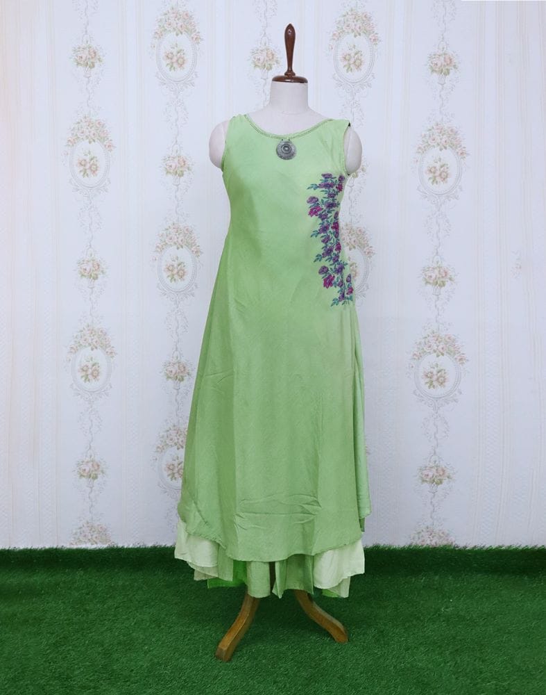 Light Green Floral Cotton Silk Stones work Kurti