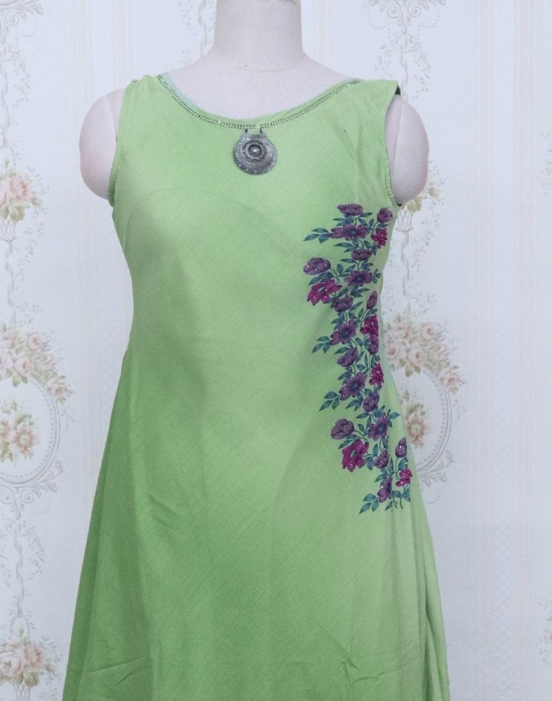 Light Green Floral Cotton Silk Stones work Kurti