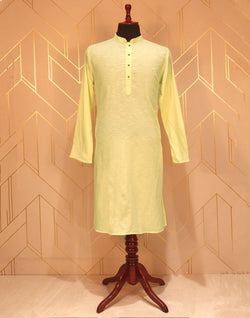 Collection of Lemon Plain Cotton Kurta Pyjama Set in a gallery layout