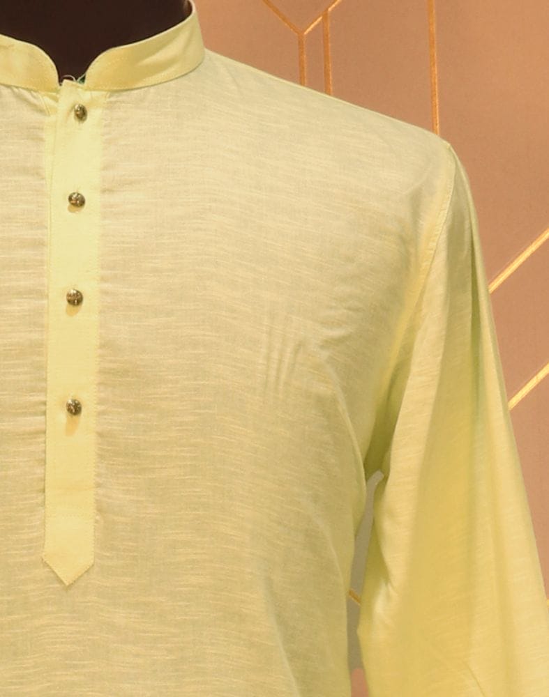 Collection of Lemon Plain Cotton Kurta Pyjama Set in a gallery layout