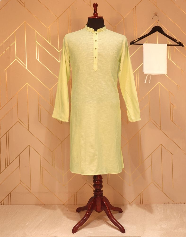 Collection of Lemon Plain Cotton Kurta Pyjama Set in a gallery layout