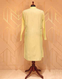 Collection of Lemon Plain Cotton Kurta Pyjama Set in a gallery layout