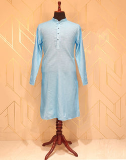 Collection of Sky Blue Plain Cotton Kurta Pyjama Set in a gallery layout