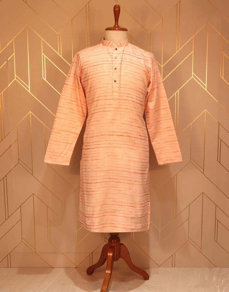 Collection of Peach Striped Thread Cotton Kurta Pyjama Set in a gallery layout