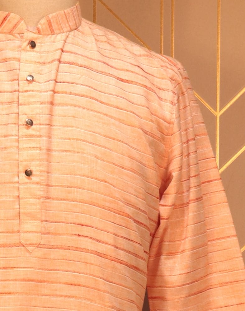 Collection of Peach Striped Thread Cotton Kurta Pyjama Set in a gallery layout