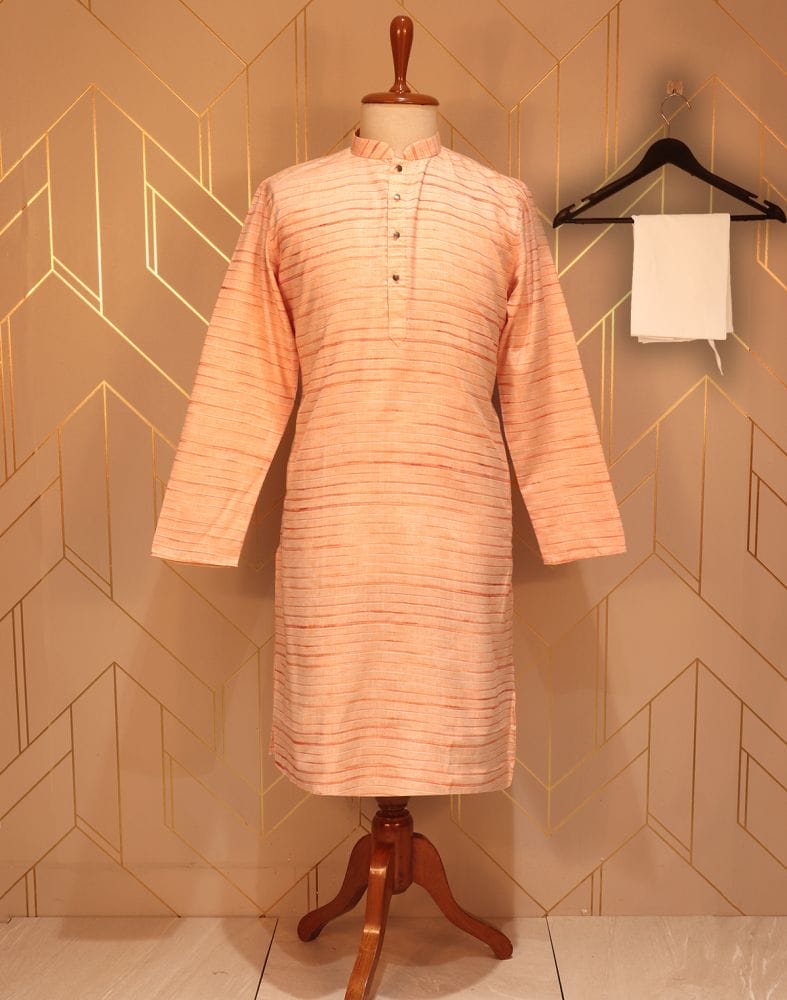 Collection of Peach Striped Thread Cotton Kurta Pyjama Set in a gallery layout