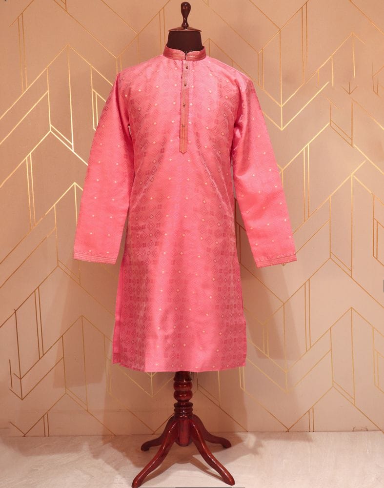 Pink Coloured Geometric Weave Jacquard Kurta Pyjama Set