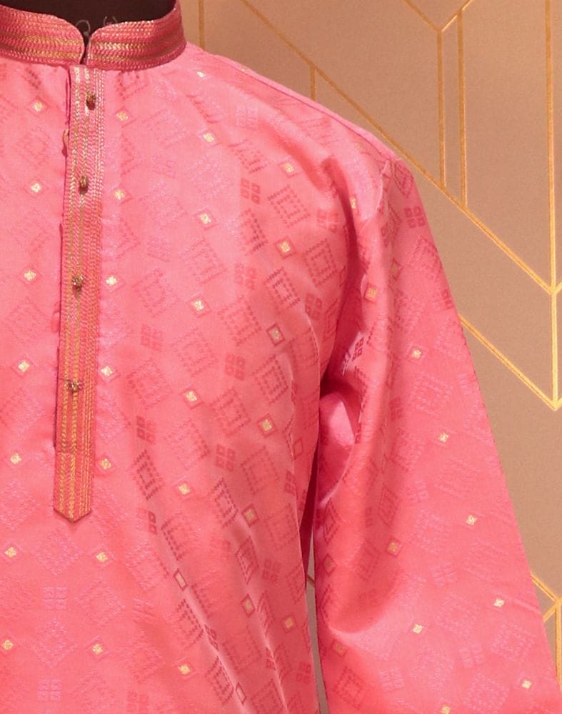 Pink Coloured Geometric Weave Jacquard Kurta Pyjama Set