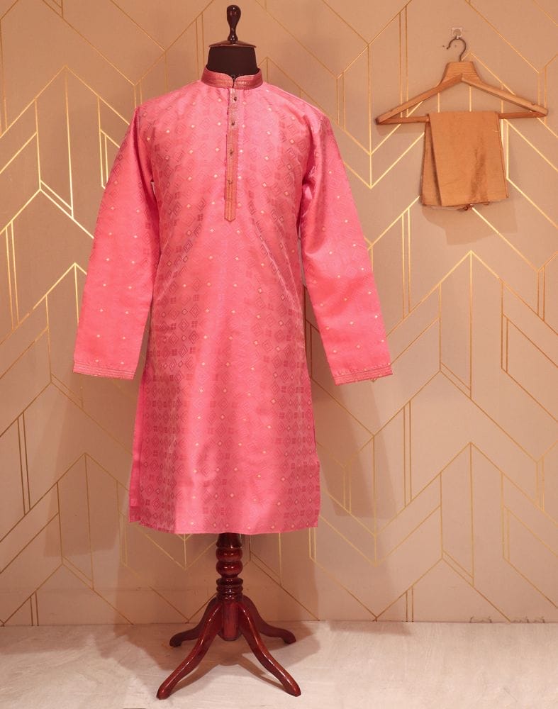 Collection of Pink Coloured Geometric Weave Jacquard Kurta Pyjama Set in a gallery layout