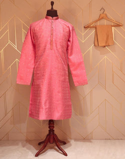 Collection of Pink Coloured Geometric Weave Jacquard Kurta Pyjama Set in a gallery layout