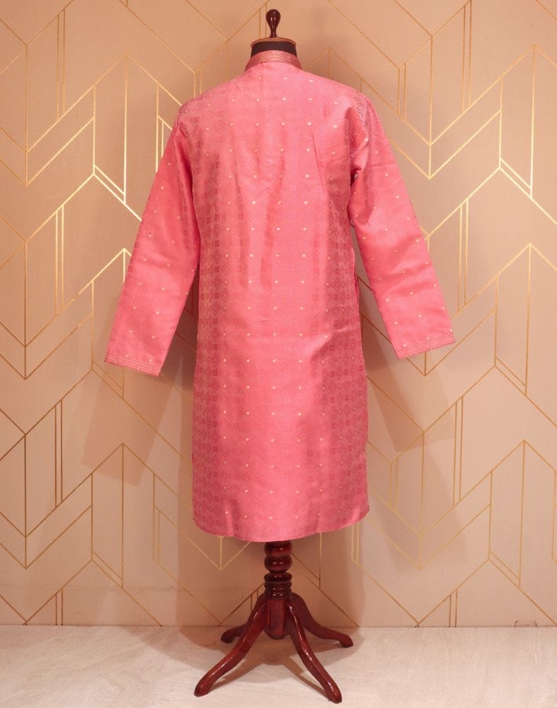 Pink Coloured Geometric Weave Jacquard Kurta Pyjama Set