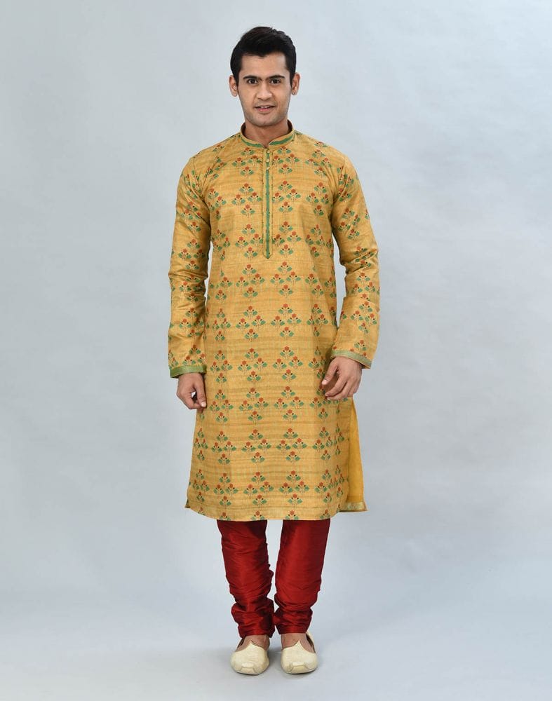 Collection of Yellow Floral Printed Kurta Pyjama Set in a gallery layout