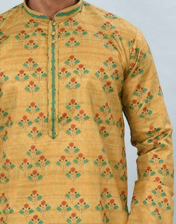 Collection of Yellow Floral Printed Kurta Pyjama Set in a gallery layout