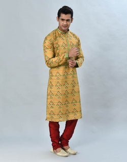 Collection of Yellow Floral Printed Kurta Pyjama Set in a gallery layout