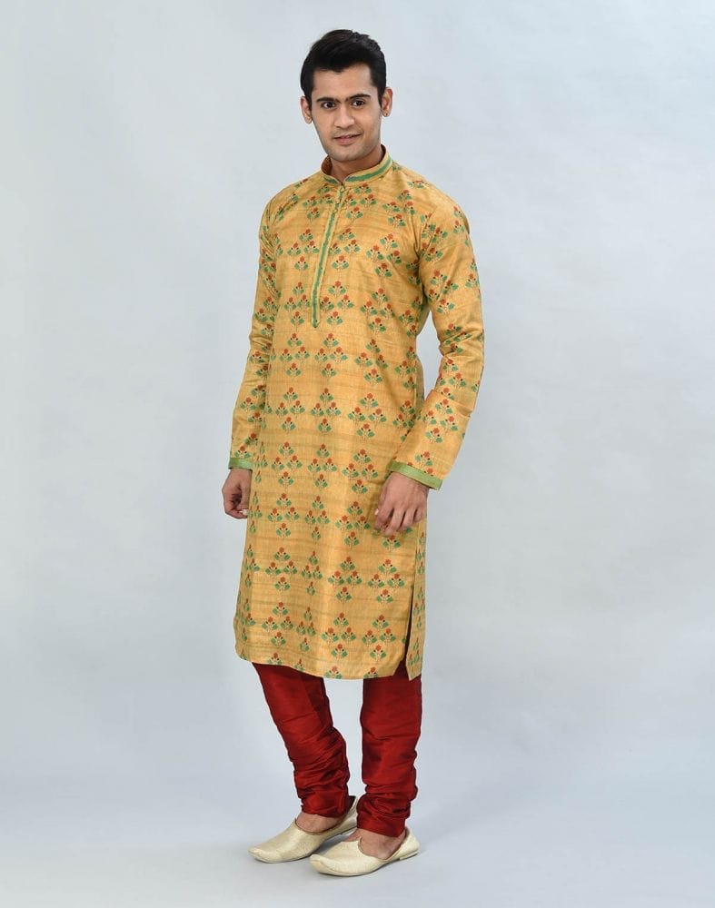 Collection of Yellow Floral Printed Kurta Pyjama Set in a gallery layout