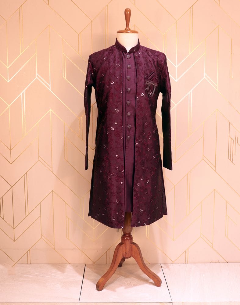 Collection of Purple Plain Raw Silk Kurta Jacket Set in a gallery layout