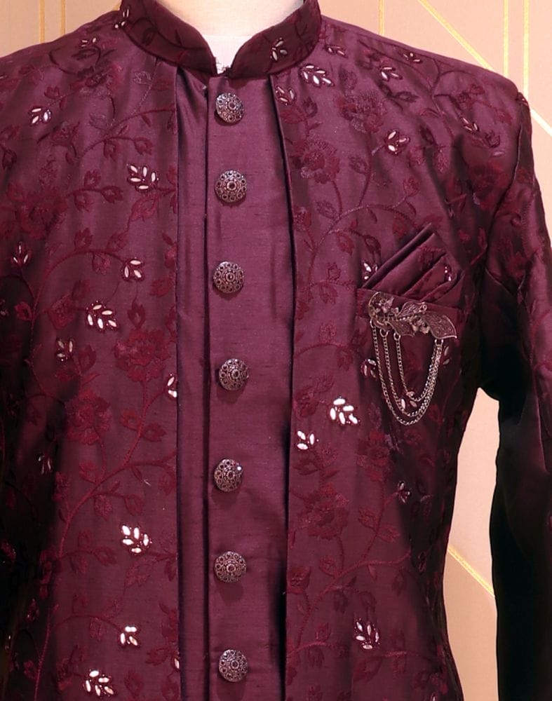 Collection of Purple Plain Raw Silk Kurta Jacket Set in a gallery layout