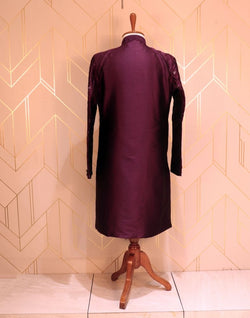 Collection of Purple Plain Raw Silk Kurta Jacket Set in a gallery layout