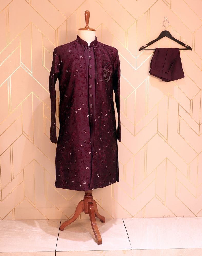 Collection of Purple Plain Raw Silk Kurta Jacket Set in a gallery layout