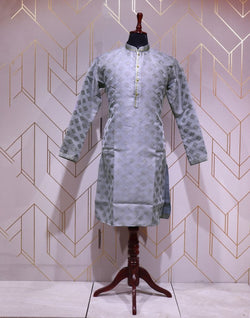 Collection of Grey Geometric Cotton Silk Kurta Pyjama Set in a gallery layout