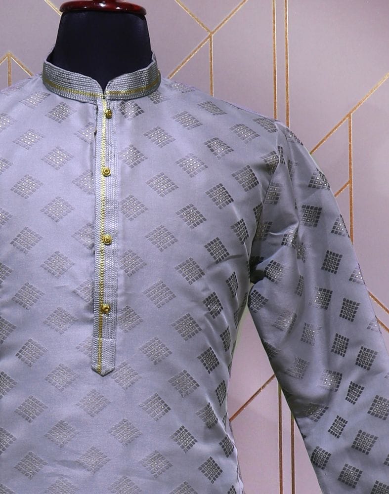 Collection of Grey Geometric Cotton Silk Kurta Pyjama Set in a gallery layout