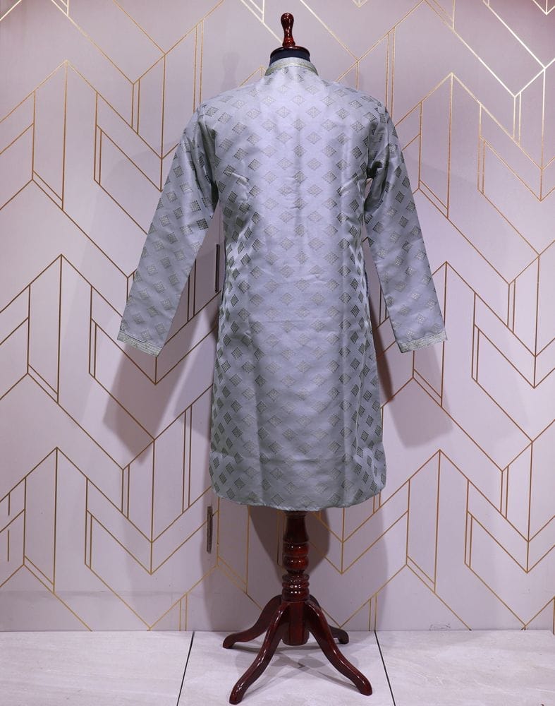 Collection of Grey Geometric Cotton Silk Kurta Pyjama Set in a gallery layout