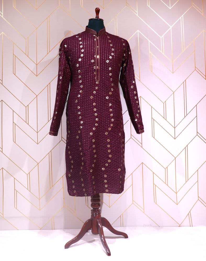 Collection of Wine Floral Cotton Silk Embellished Kurta Pyjama Set in a gallery layout