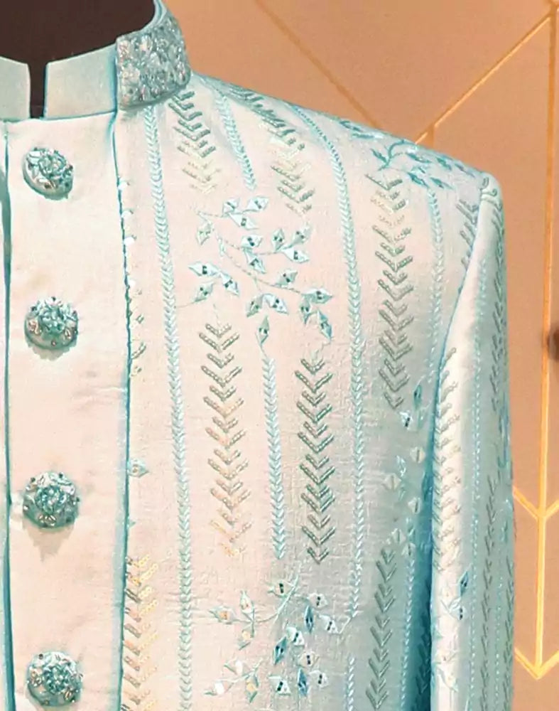 Sky Blue Raw Silk Embellished work Kurta Jacket Set