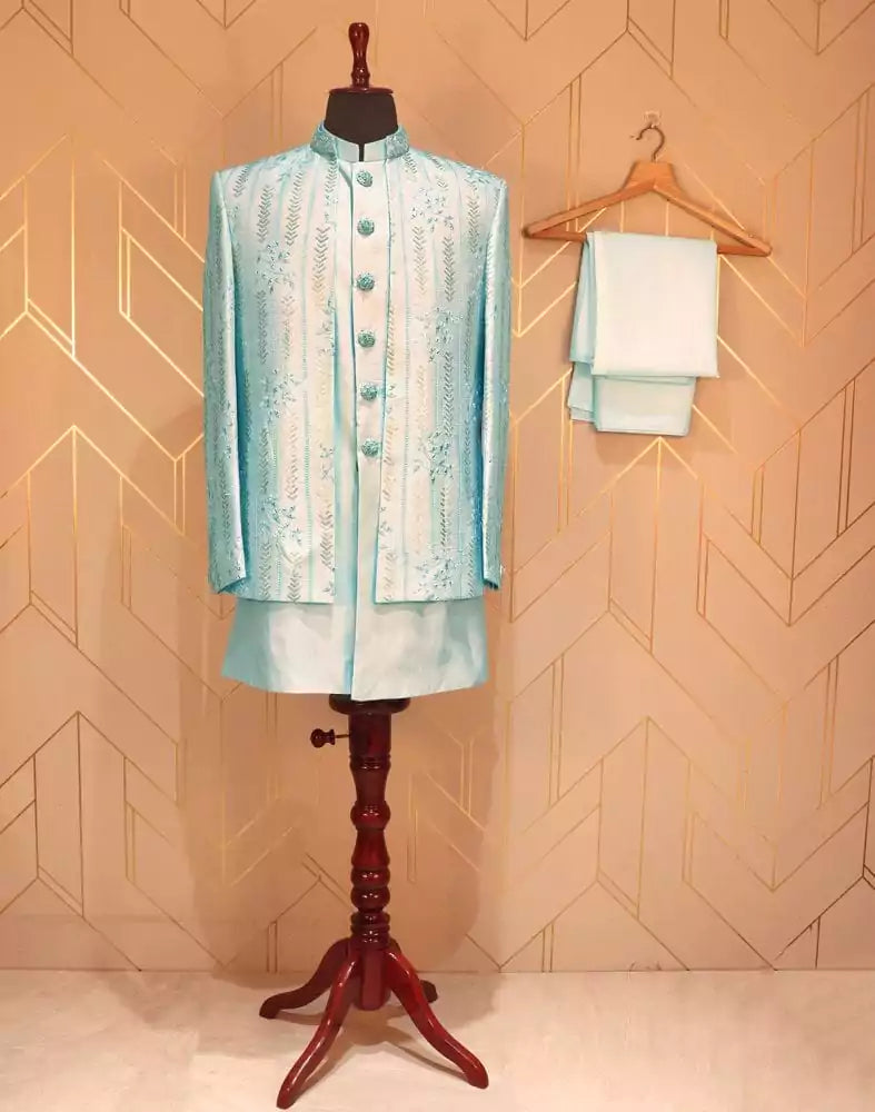 Collection of Sky Blue Raw Silk Embellished work Kurta Jacket Set in a gallery layout