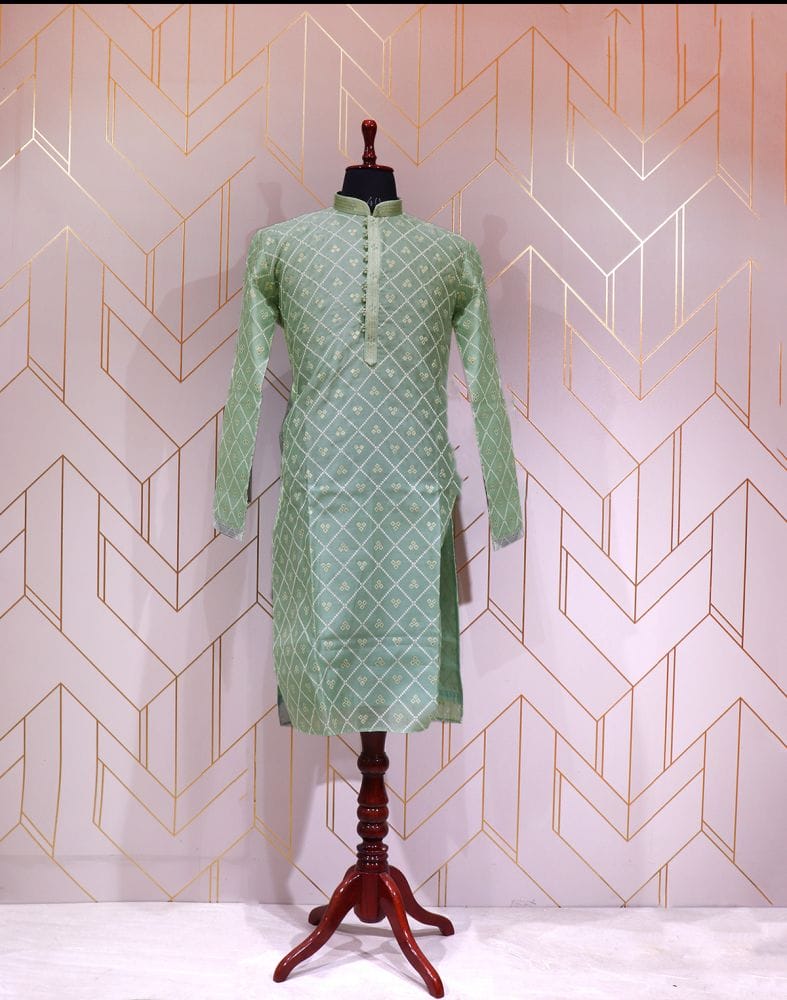 Light Green Geometric Cotton Silk Kurta Pyjama Set