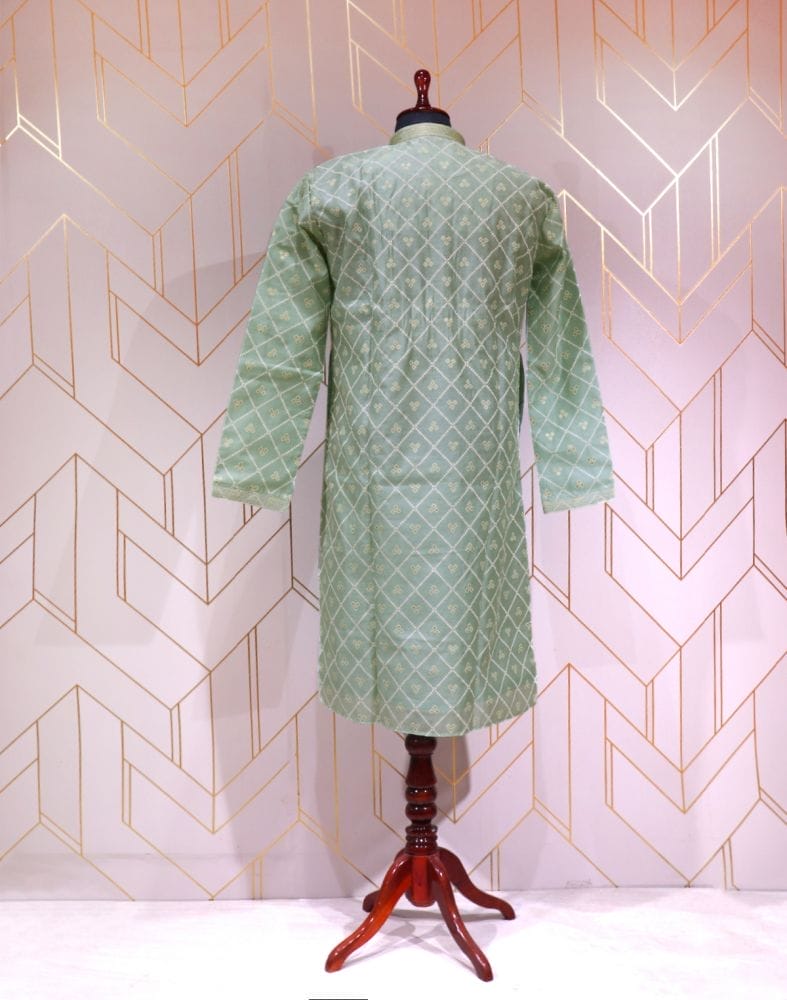 Collection of Light Green Geometric Cotton Silk Kurta Pyjama Set in a gallery layout