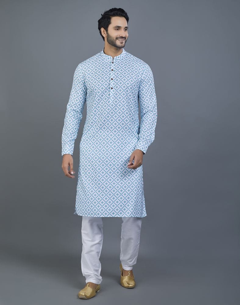 Collection of Delightful Green Geometric Print Cotton Kurta in a gallery layout