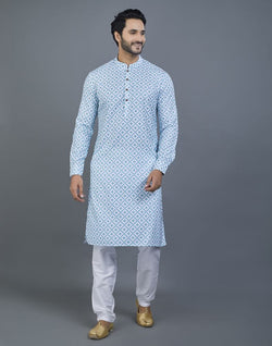 Collection of Delightful Green Geometric Print Cotton Kurta in a gallery layout