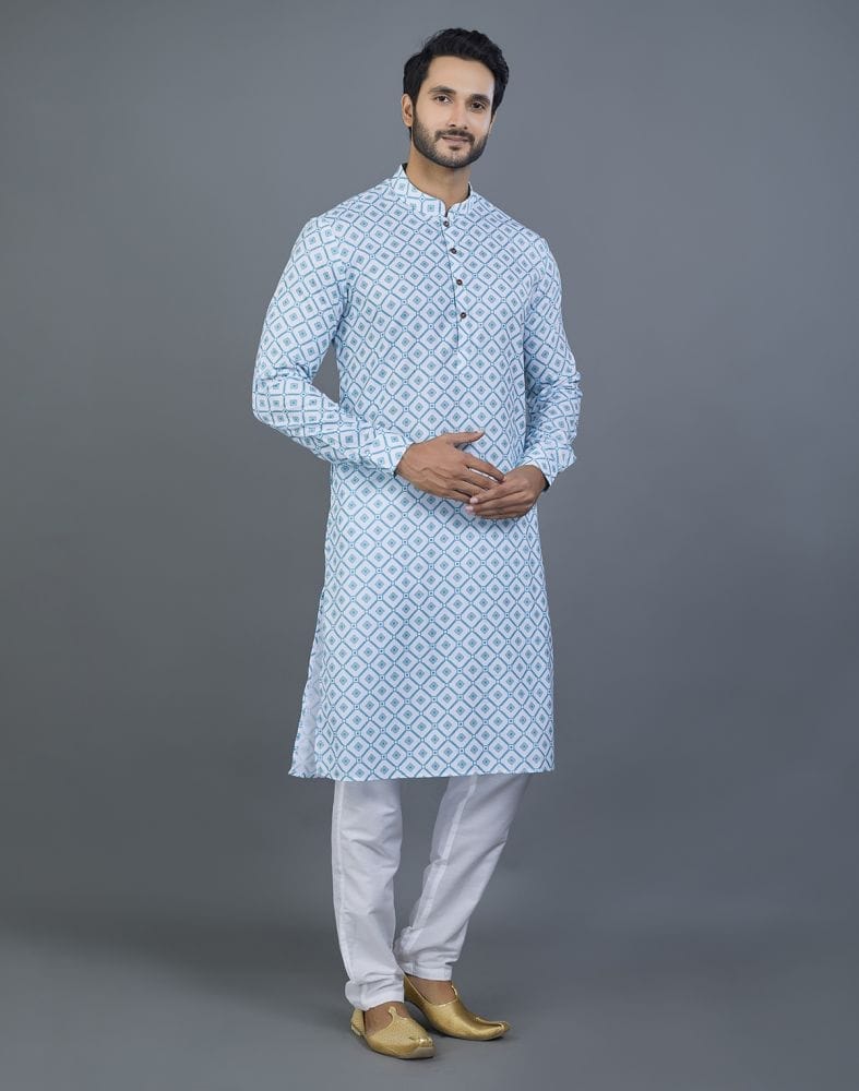 Collection of Delightful Green Geometric Print Cotton Kurta in a gallery layout