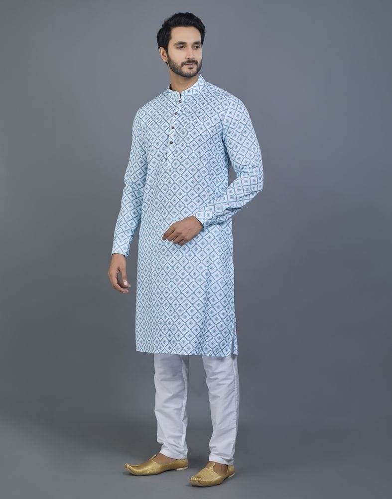 Collection of Delightful Green Geometric Print Cotton Kurta in a gallery layout