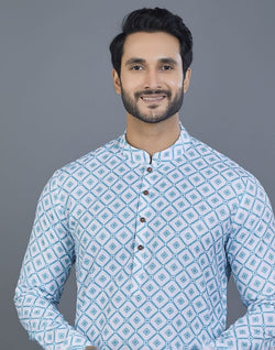 Collection of Delightful Green Geometric Print Cotton Kurta in a gallery layout