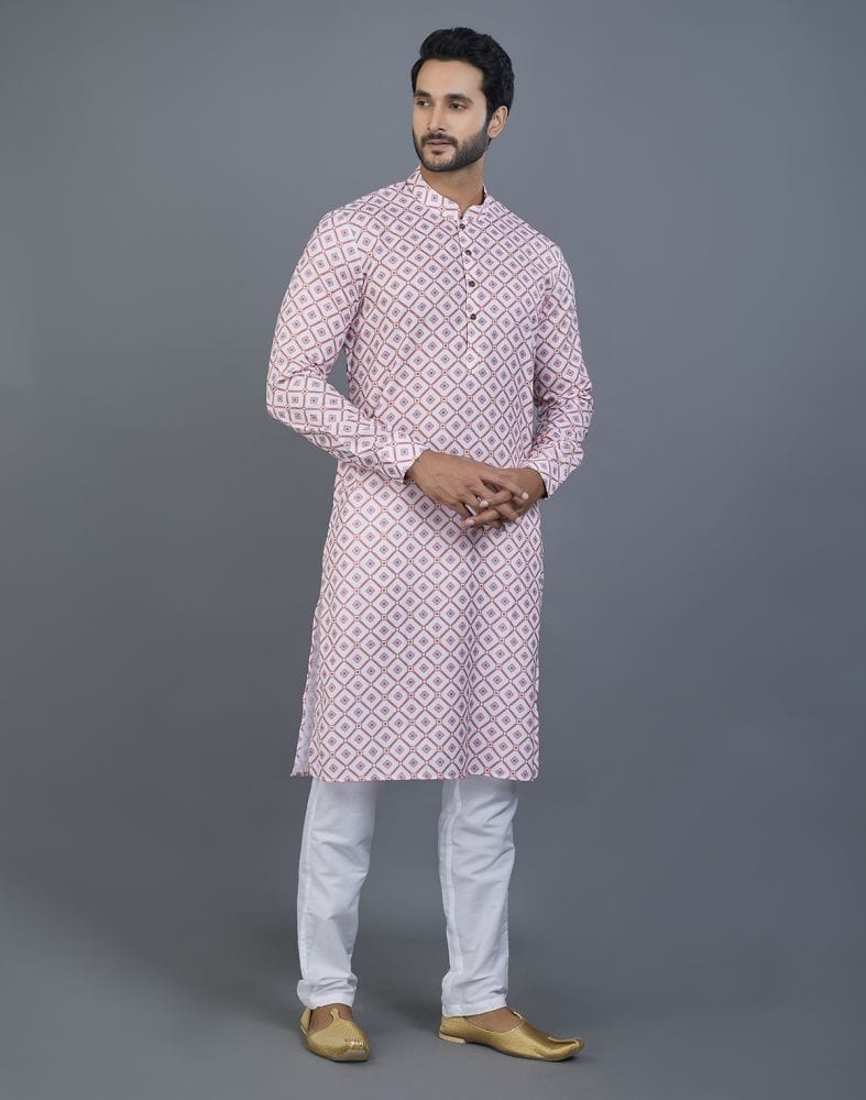 Collection of Appealing Pink Geometric Print Cotton Kurta in a gallery layout