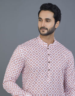 Collection of Appealing Pink Geometric Print Cotton Kurta in a gallery layout