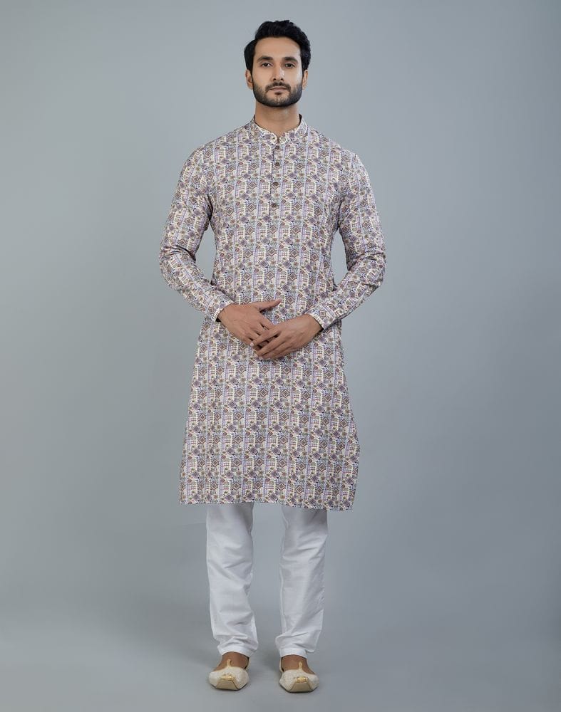 Collection of Classic Multi Color Geometric Print Cotton Kurta in a gallery layout