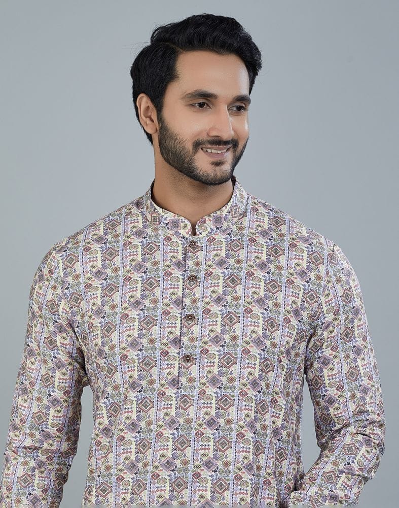 Collection of Classic Multi Color Geometric Print Cotton Kurta in a gallery layout