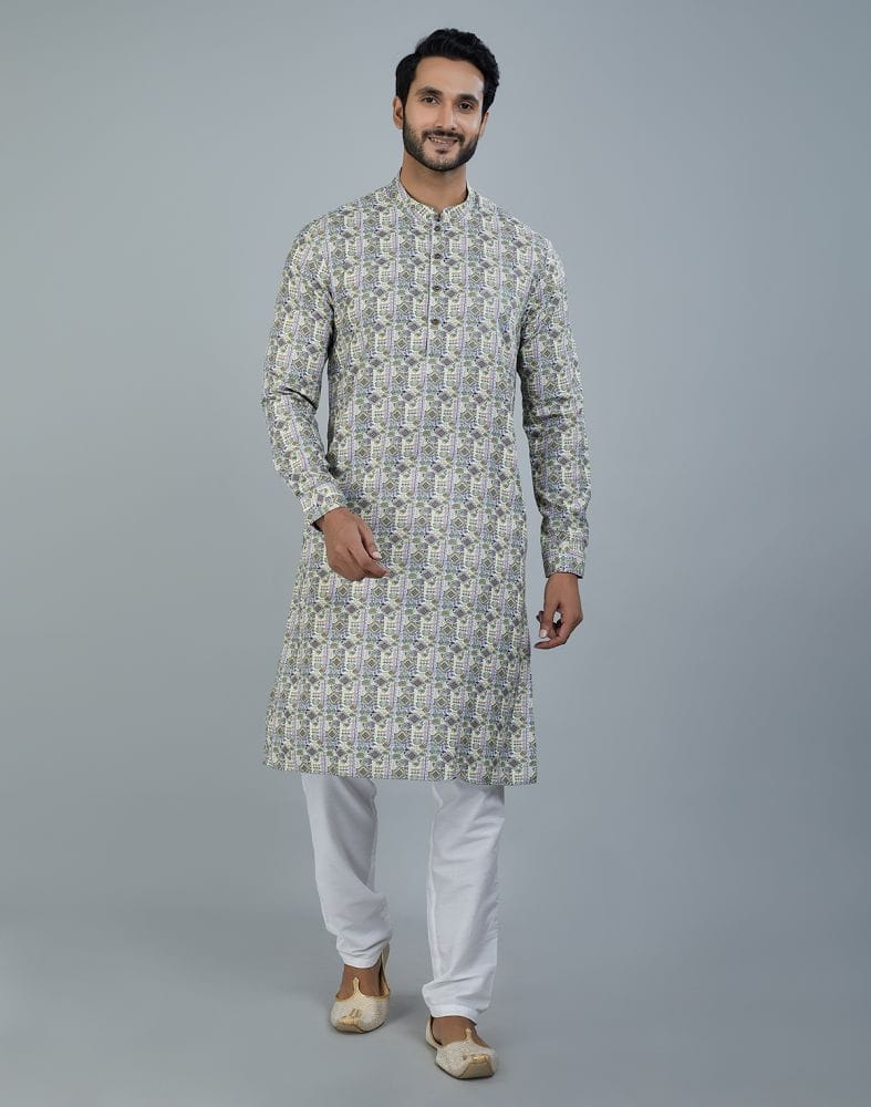 Collection of Classy Pista Green Geometric Print Cotton Kurta in a gallery layout