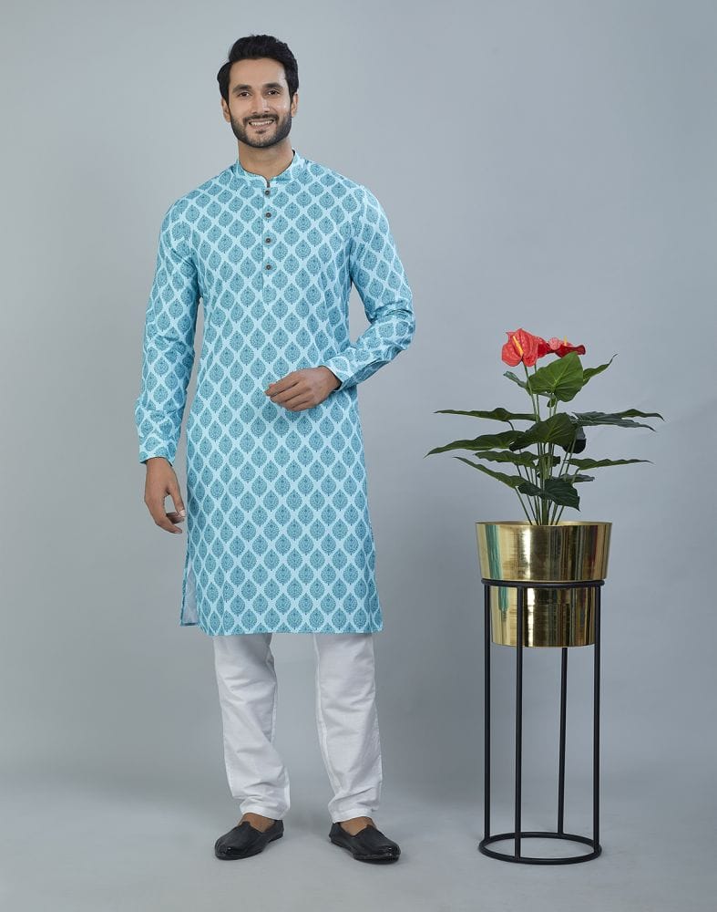 Collection of Charming Firozi Color Botanical Print Cotton Kurta in a gallery layout