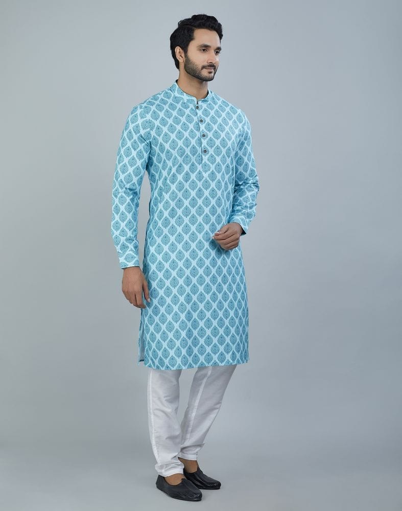 Collection of Charming Firozi Color Botanical Print Cotton Kurta in a gallery layout