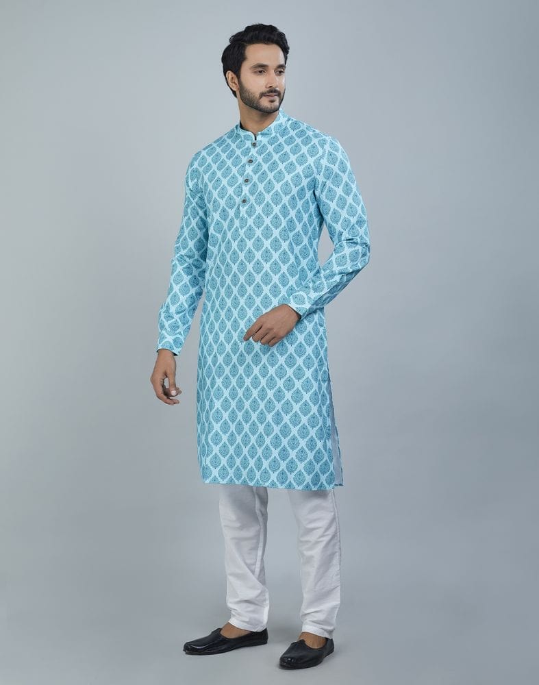 Charming Firozi Color Botanical Print Cotton Kurta