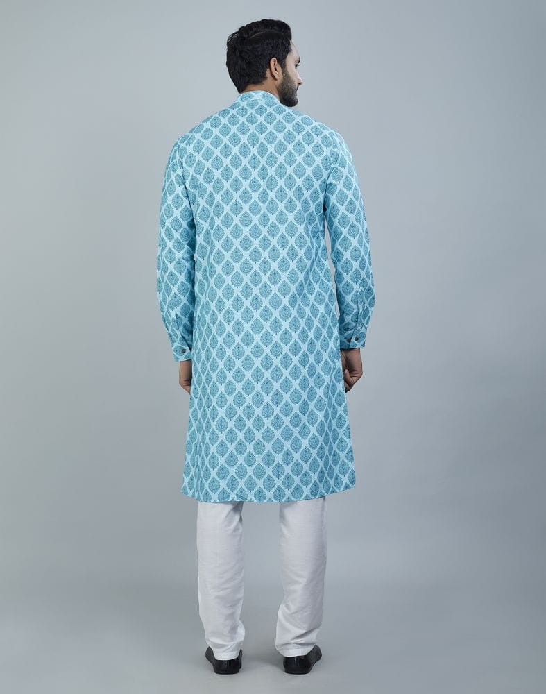 Collection of Charming Firozi Color Botanical Print Cotton Kurta in a gallery layout