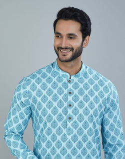 Collection of Charming Firozi Color Botanical Print Cotton Kurta in a gallery layout