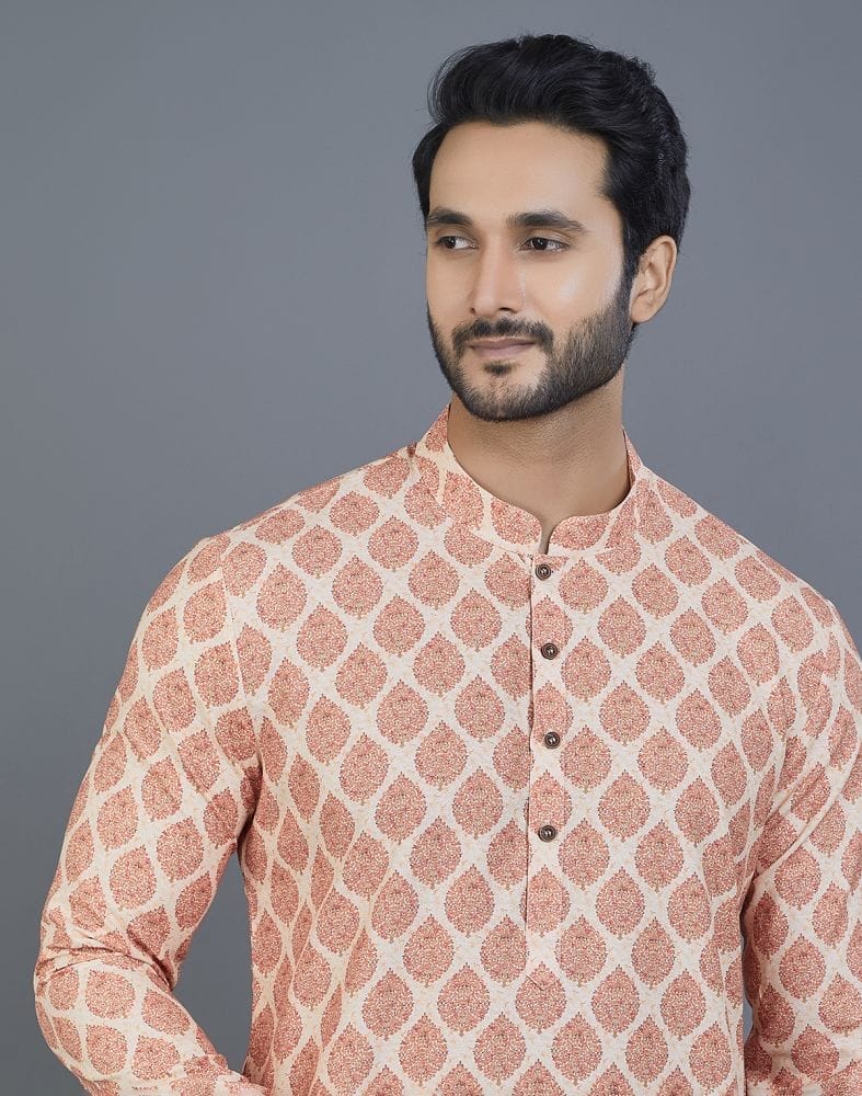 Appealing Orange Botanical Print Cotton Kurta